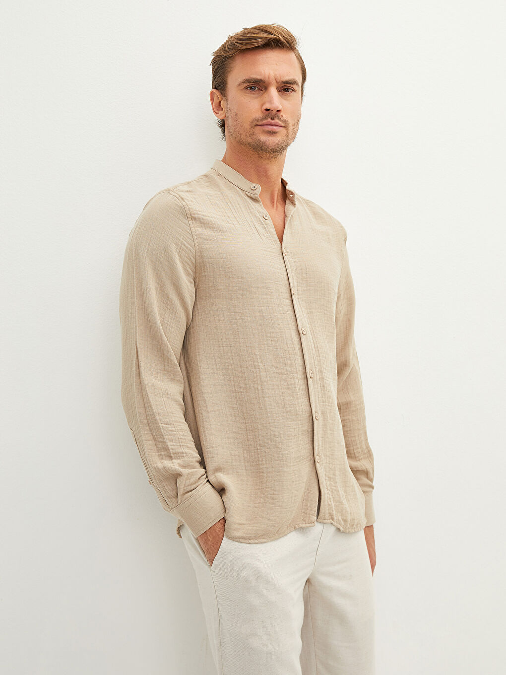 Bej Regular Fit Hakim Yaka Uzun Kollu Erkek Gömlek-1