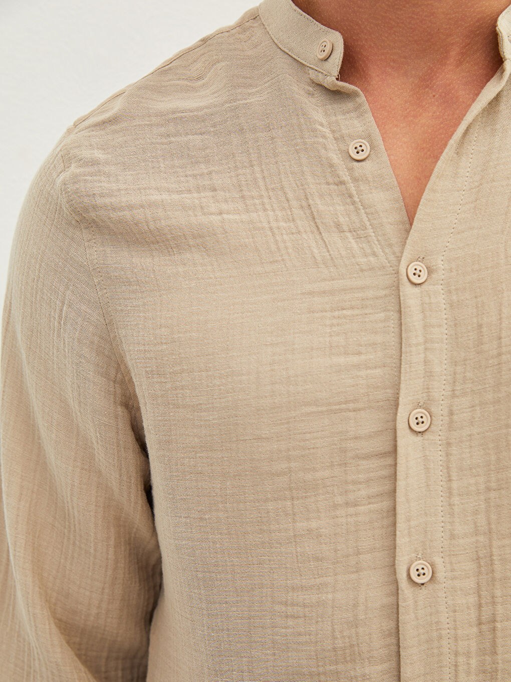 Bej Regular Fit Hakim Yaka Uzun Kollu Erkek Gömlek-2