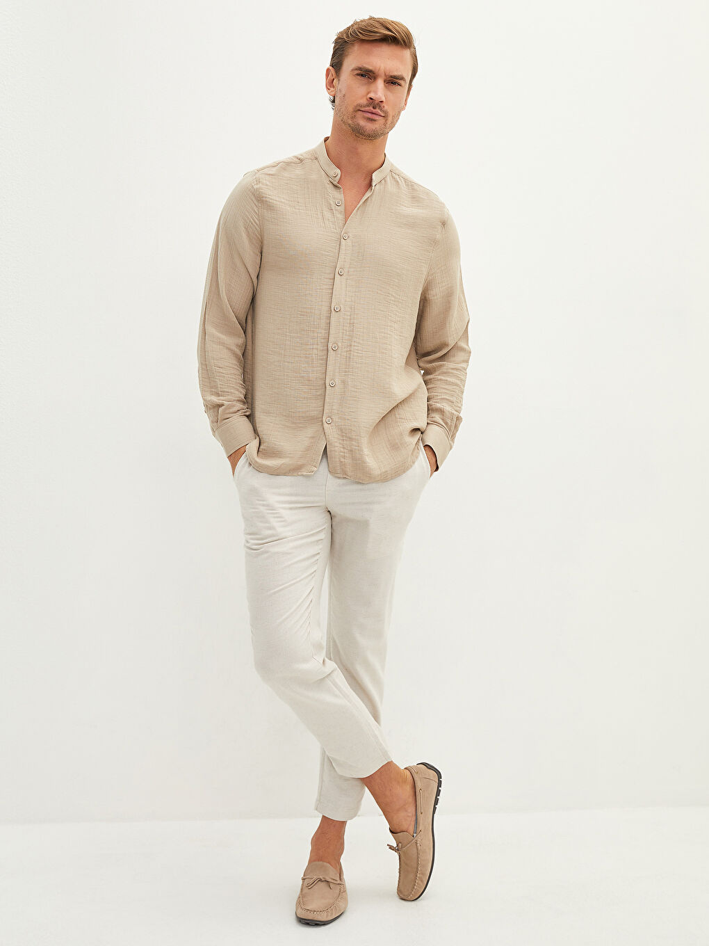 Bej Regular Fit Hakim Yaka Uzun Kollu Erkek Gömlek-3