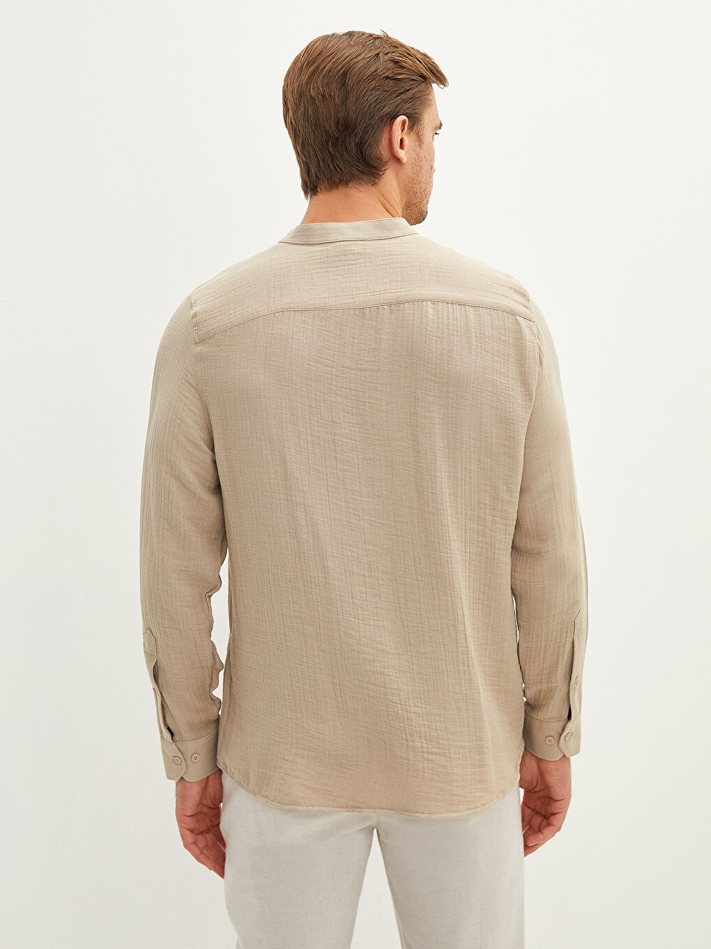 Bej Regular Fit Hakim Yaka Uzun Kollu Erkek Gömlek-4