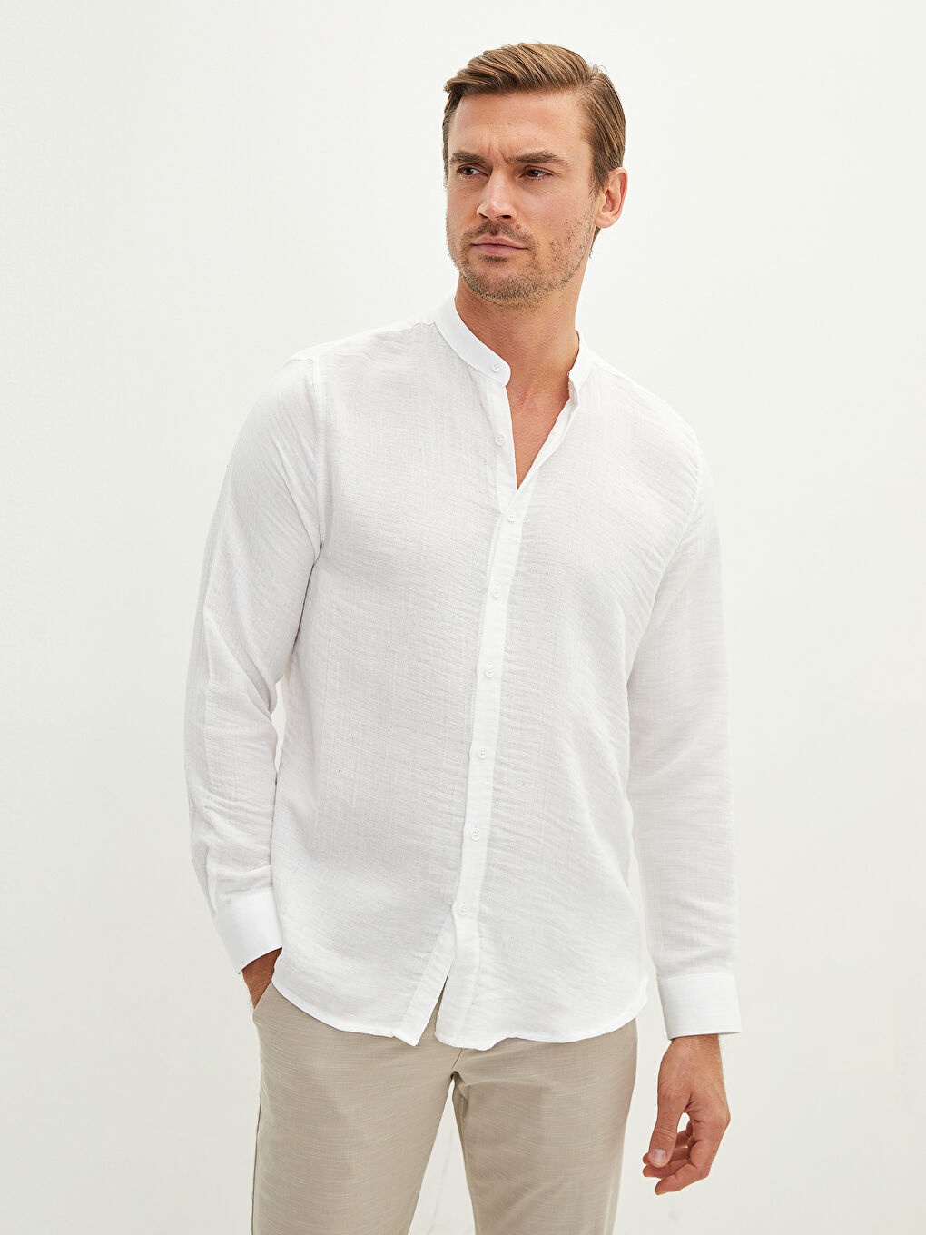 Regular Fit Grandad Collar Long Sleeve Men's Shirt-1