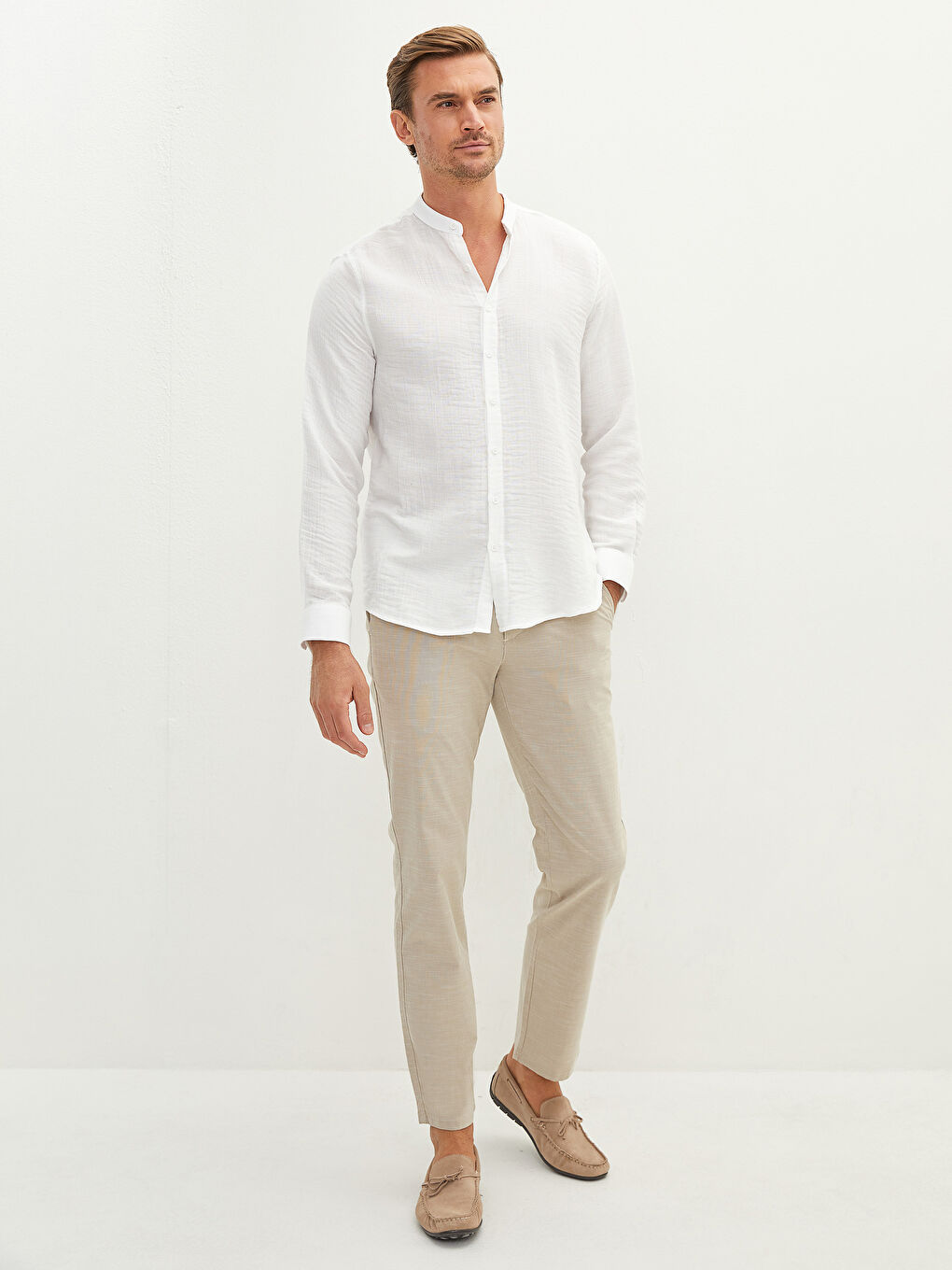 Regular Fit Grandad Collar Long Sleeve Men's Shirt-3