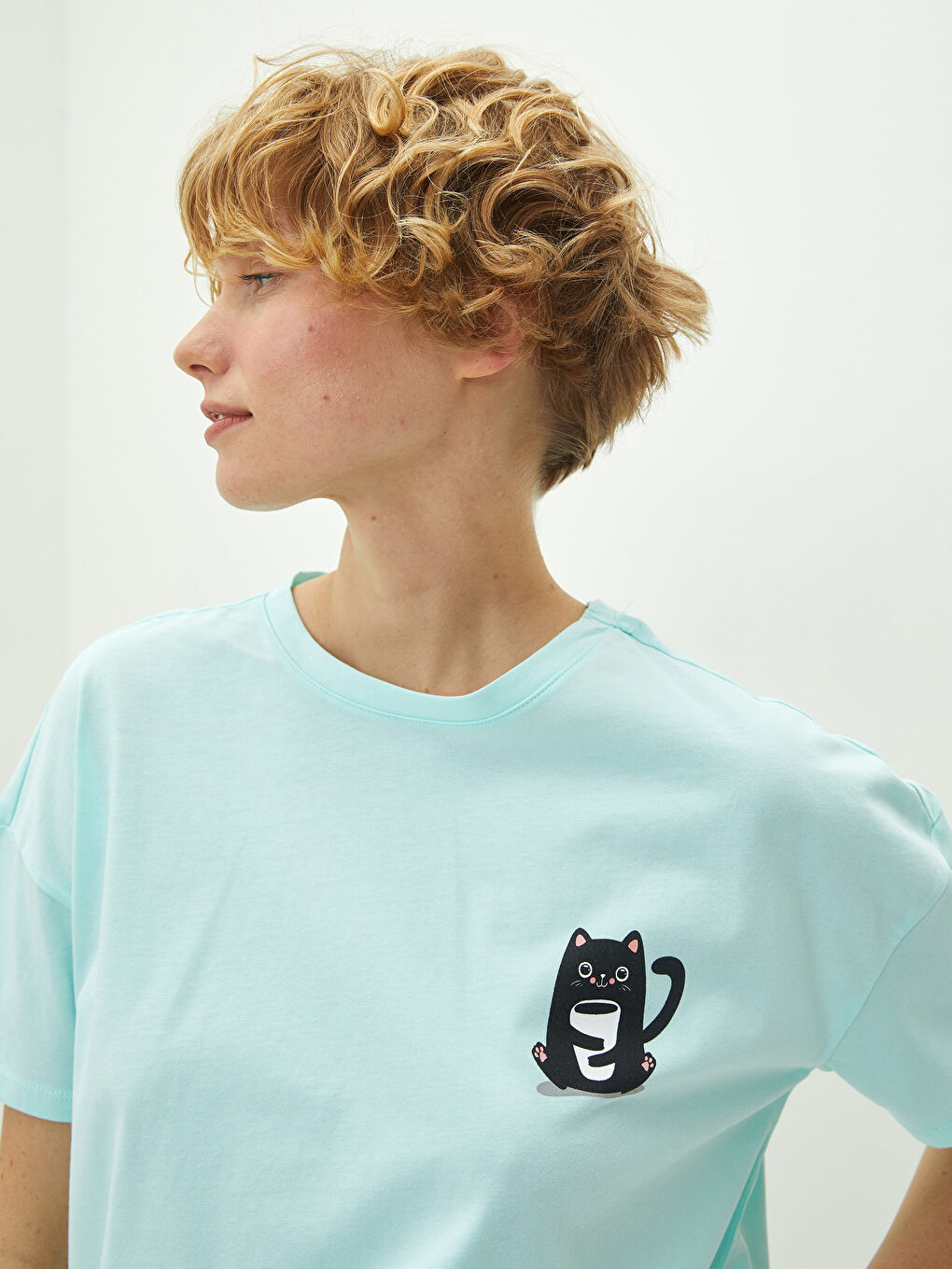 Turkuaz Bisiklet Yaka Baskılı Kısa Kollu Pamuklu Kadın Şortlu Pijama Takımı-2