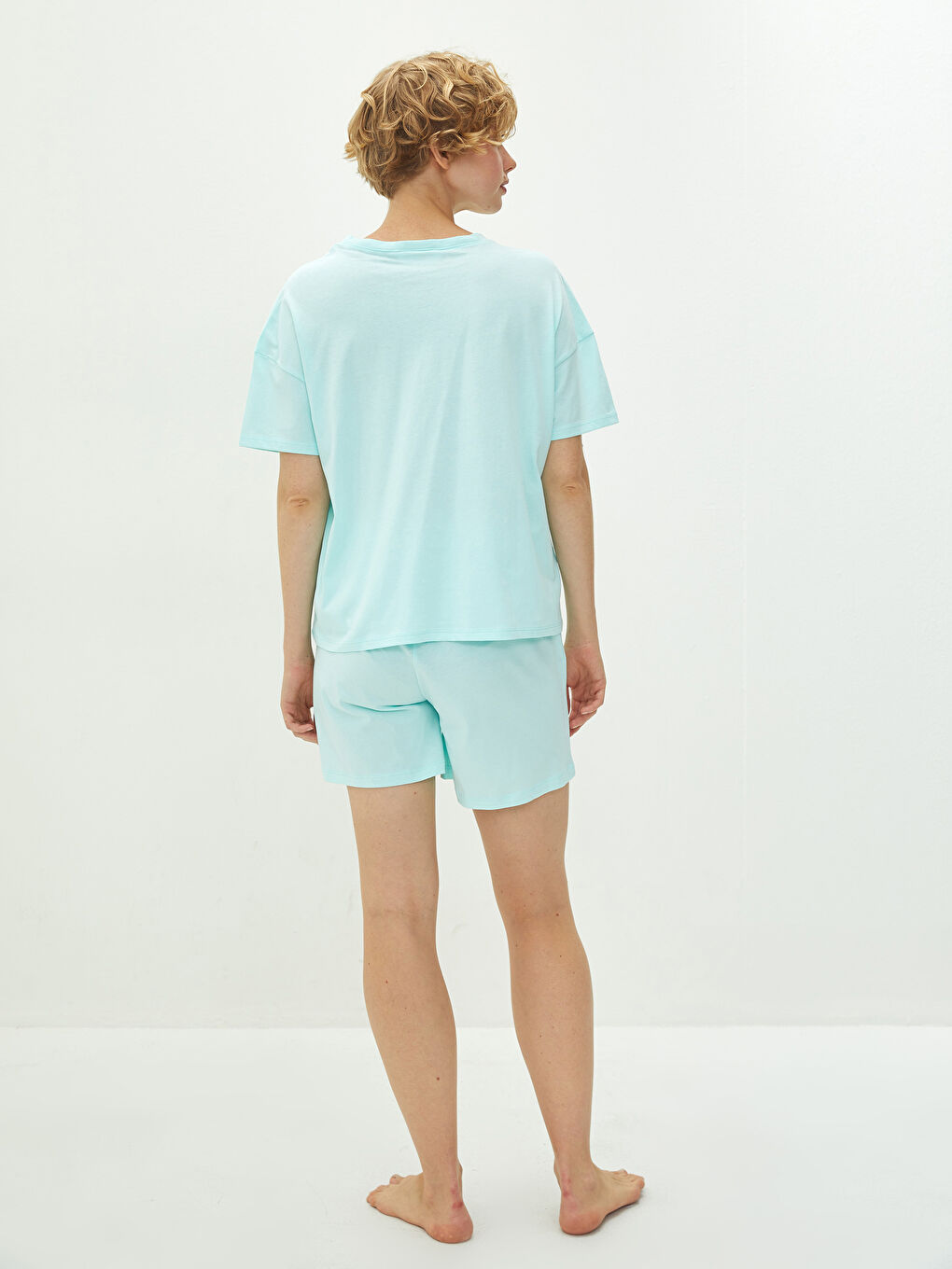 Turkuaz Bisiklet Yaka Baskılı Kısa Kollu Pamuklu Kadın Şortlu Pijama Takımı-4