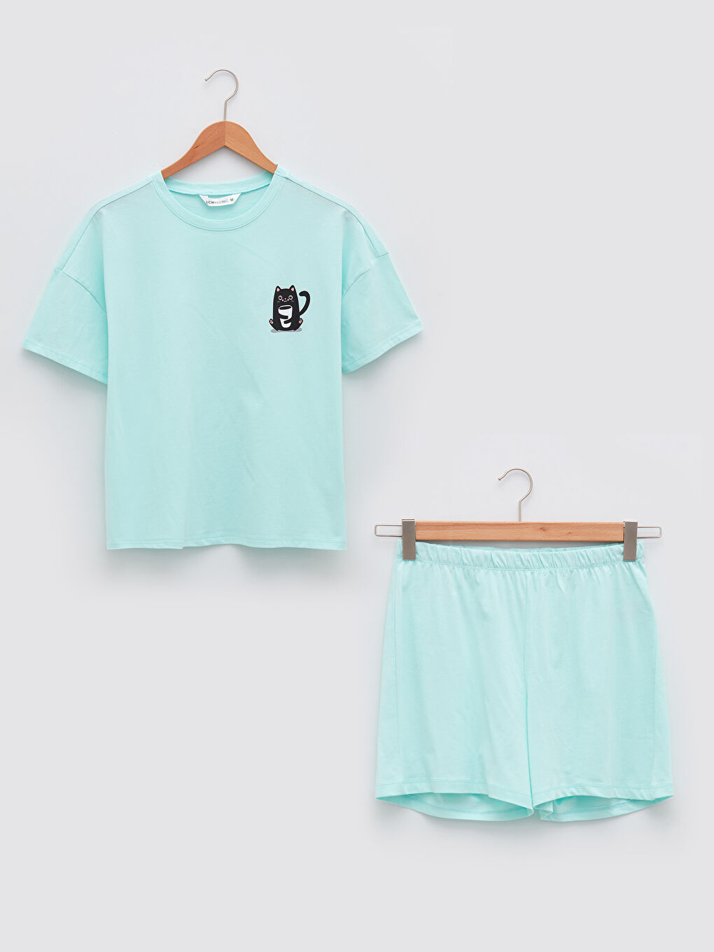 Turkuaz Bisiklet Yaka Baskılı Kısa Kollu Pamuklu Kadın Şortlu Pijama Takımı-5