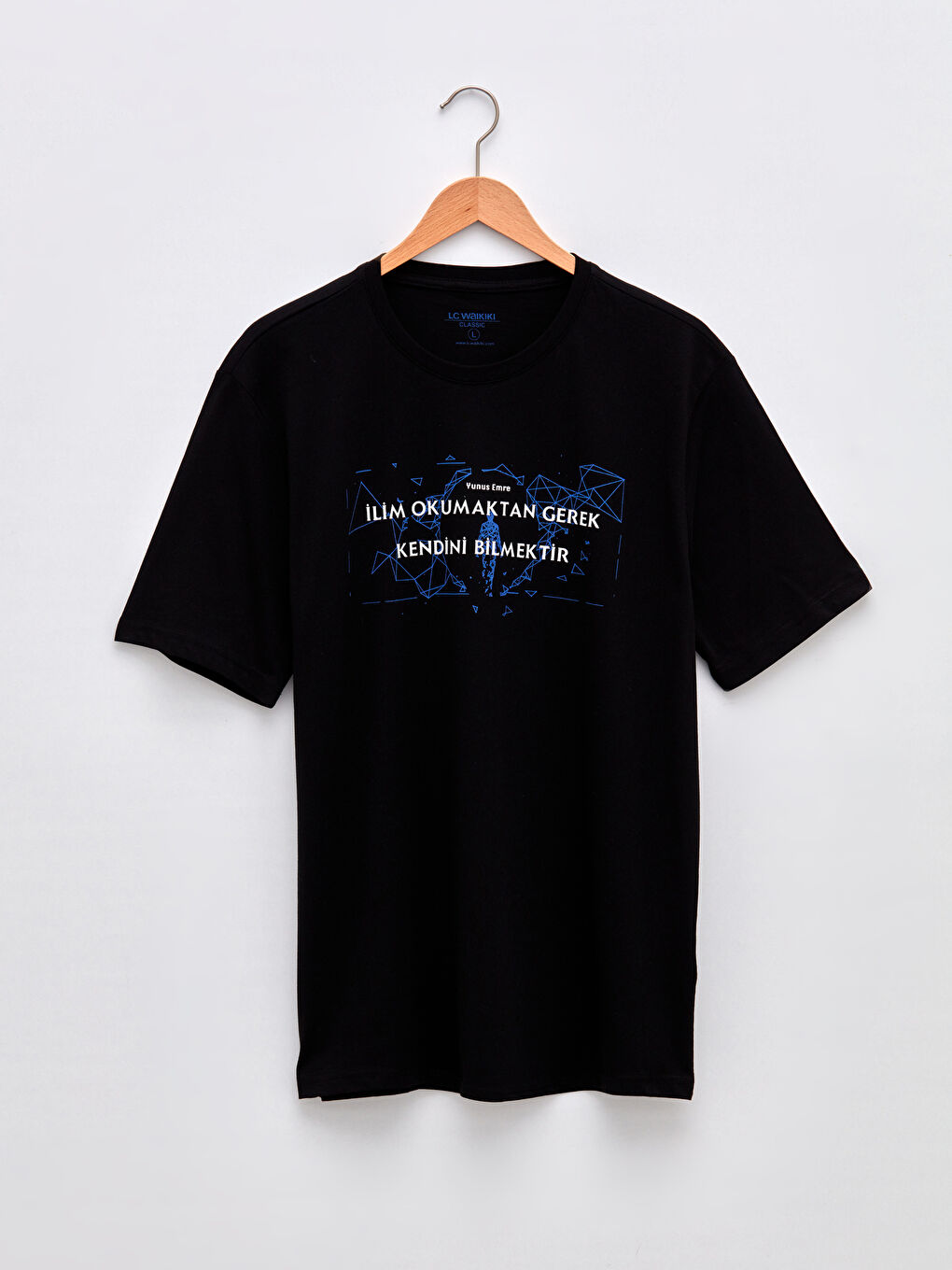 Siyah Bisiklet Yaka Kısa Kollu Yunus Emre Söz Baskılı Penye Erkek Tişört-5