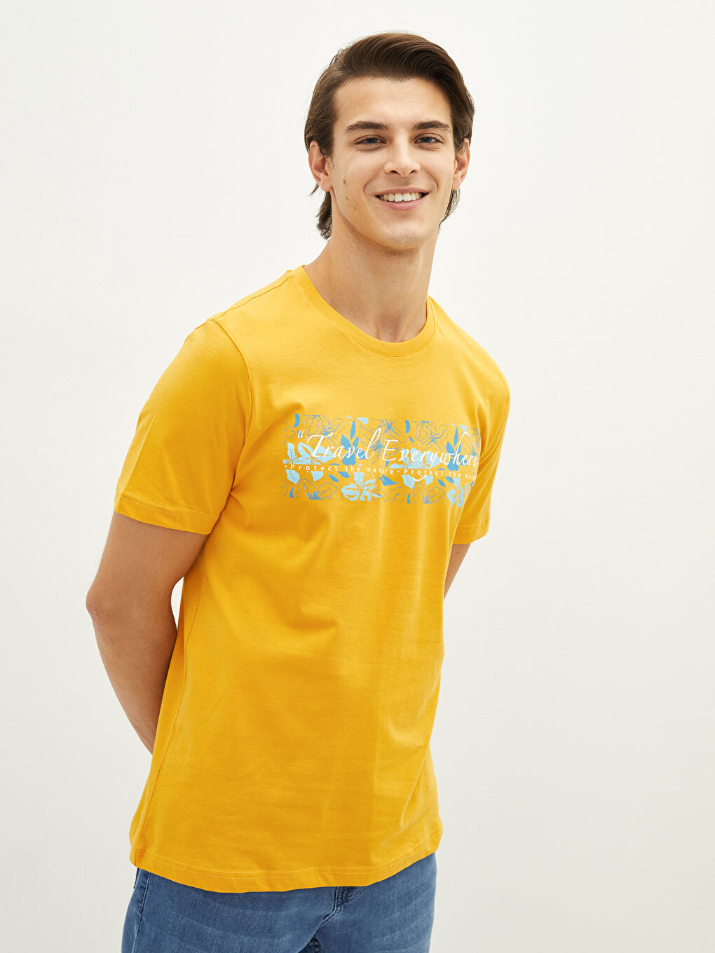 Sarı Bisiklet Yaka Kısa Kollu Baskılı Penye Erkek Tişört