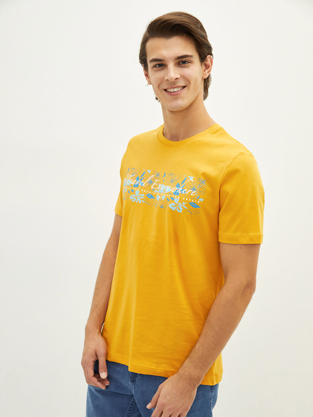 Sarı Bisiklet Yaka Kısa Kollu Baskılı Penye Erkek Tişört-1