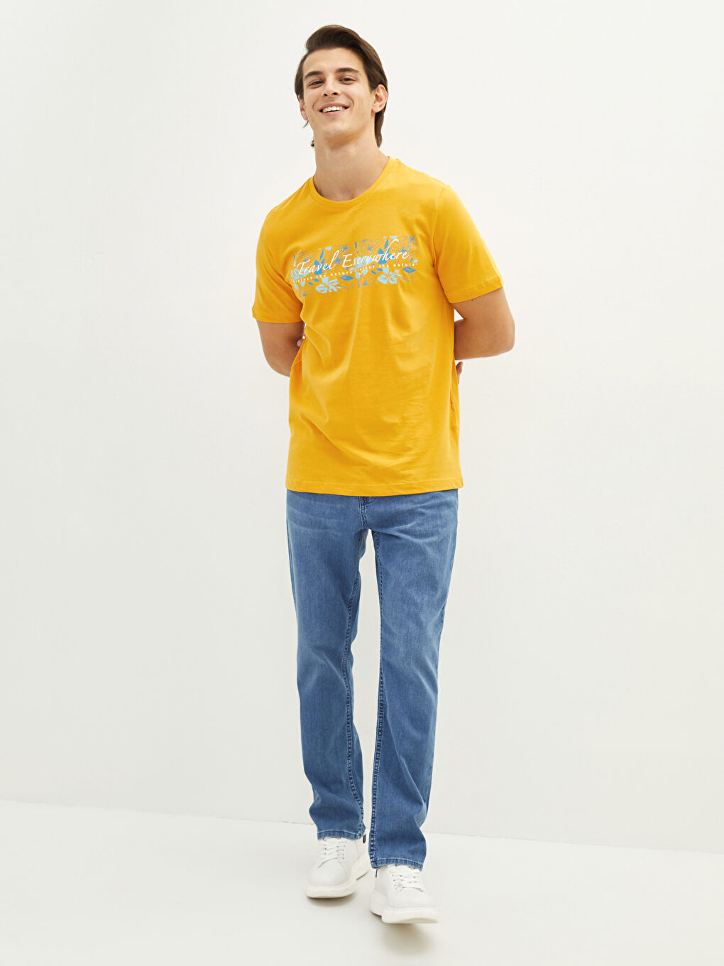 Sarı Bisiklet Yaka Kısa Kollu Baskılı Penye Erkek Tişört-2