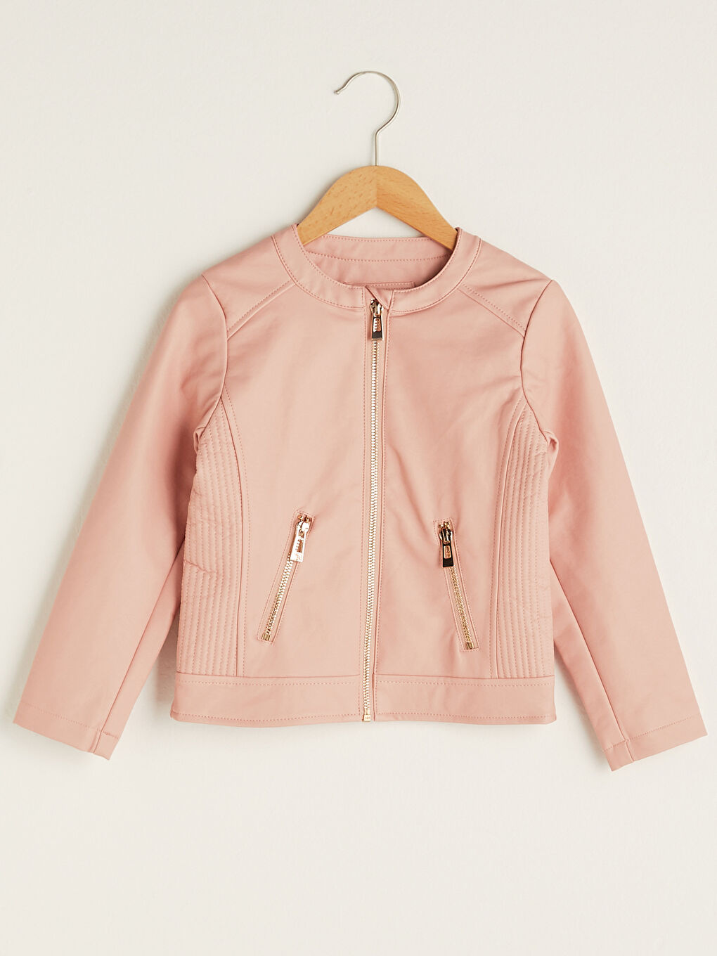 Pembe Bisiklet Yaka Deri Görünümlü Kız Çocuk Ceket