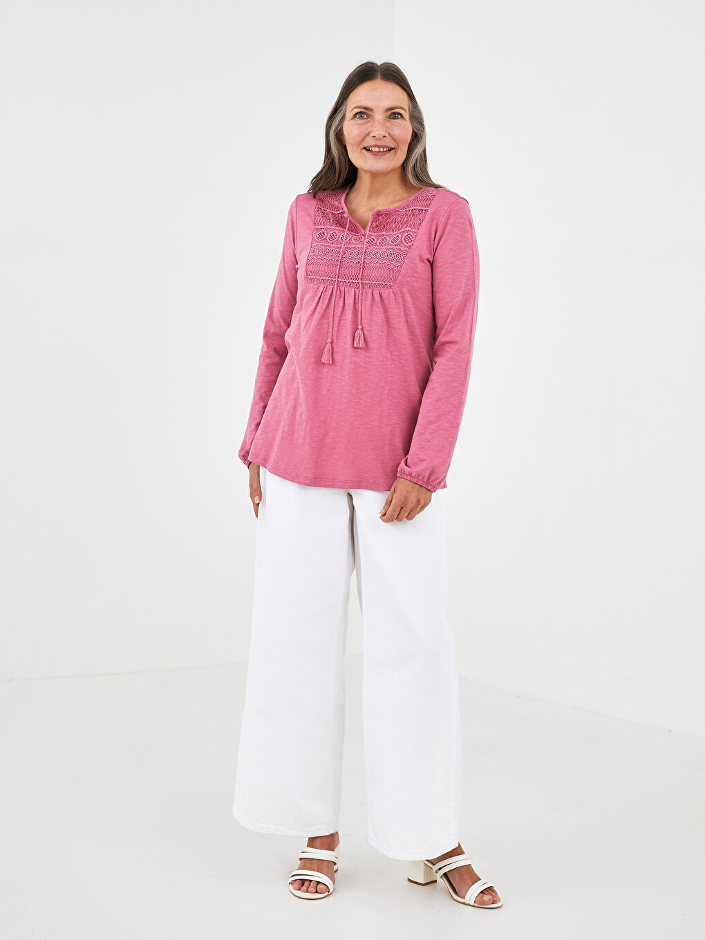 Tie Collar Embroidered Long Sleeve Cotton Women's Blouse-2