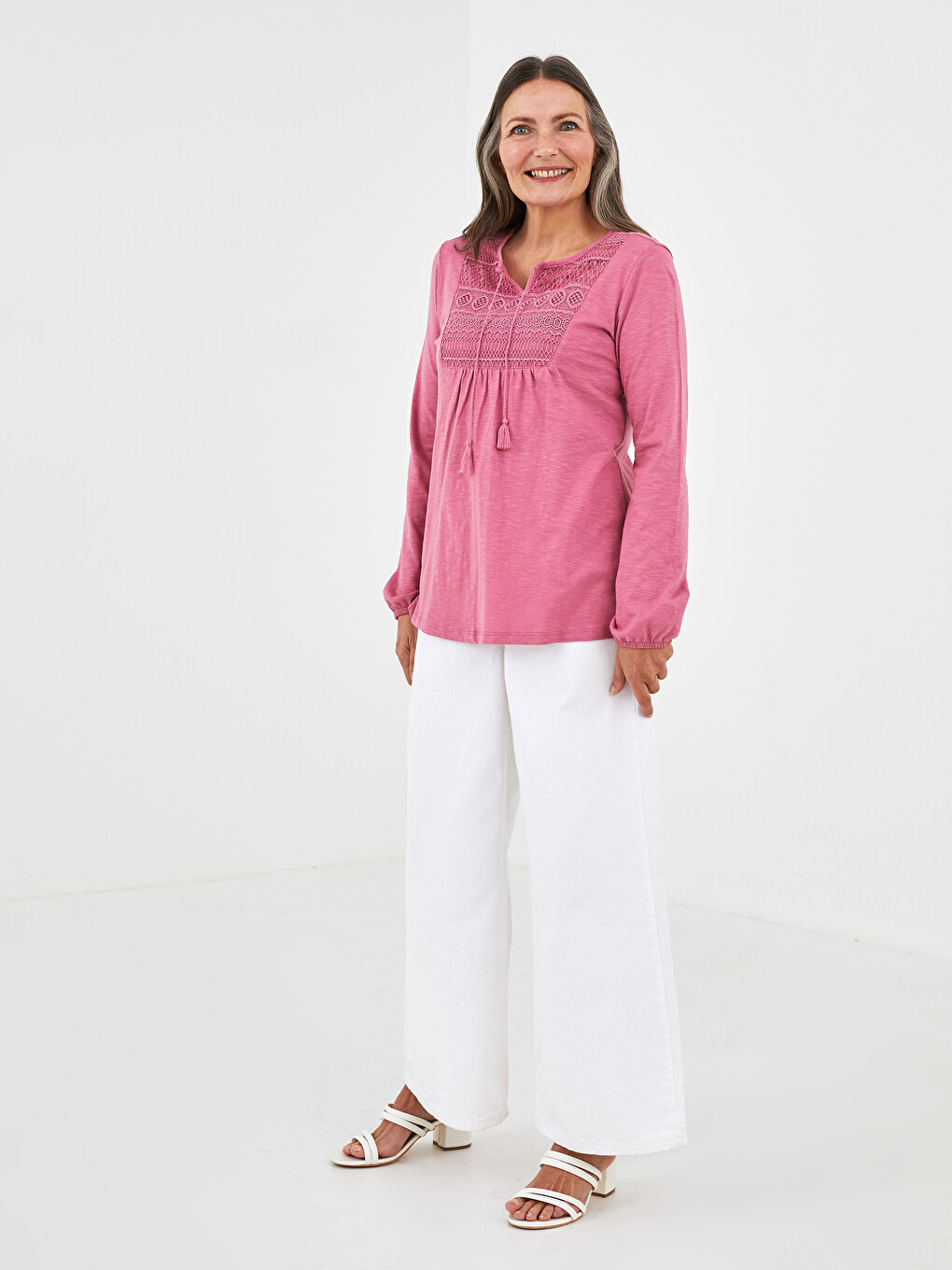 Tie Collar Embroidered Long Sleeve Cotton Women's Blouse-3