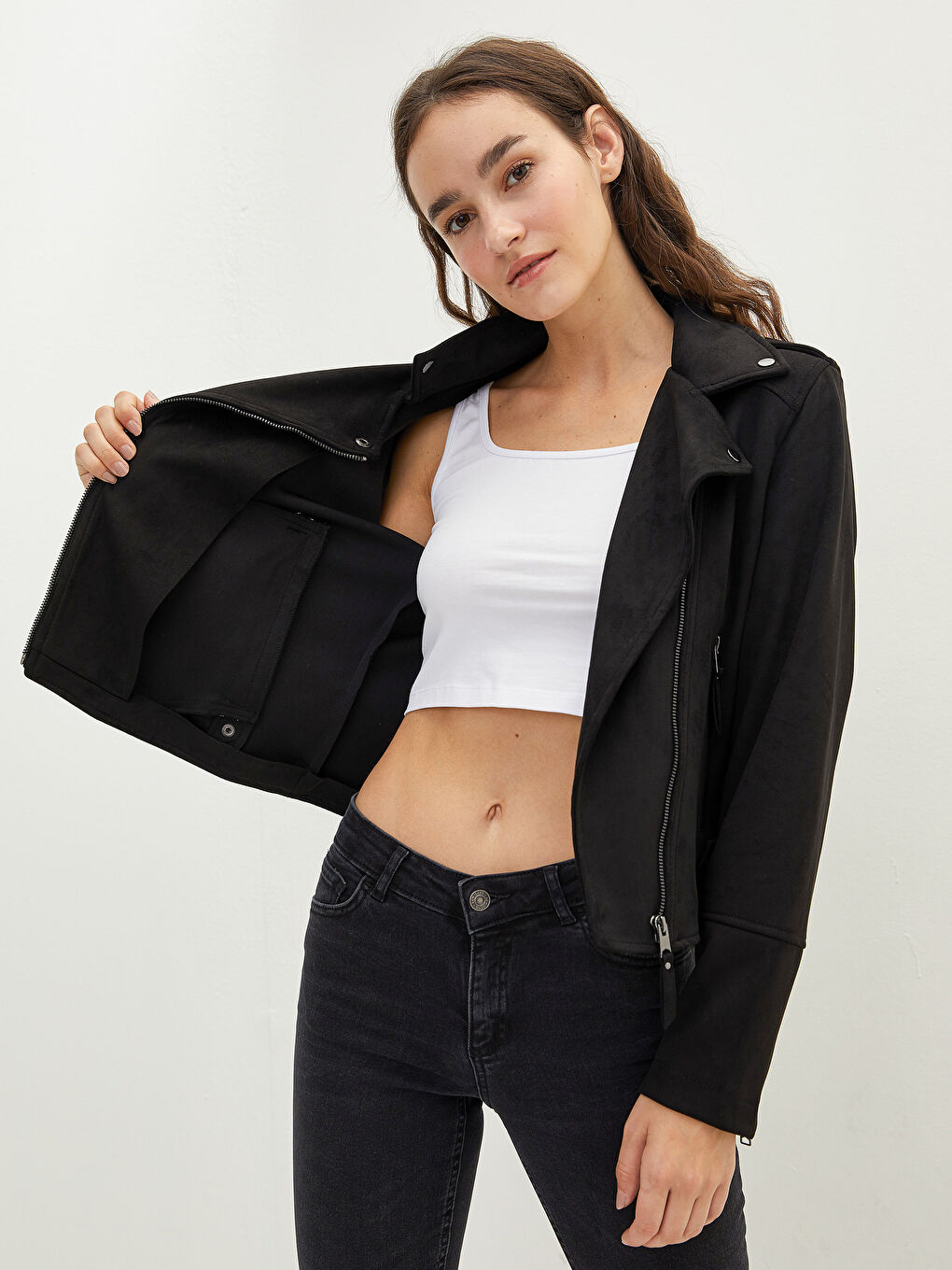 Siyah Biker Yaka Düz Fermuarlı Uzun Kollu Süet Kadın Mont-3