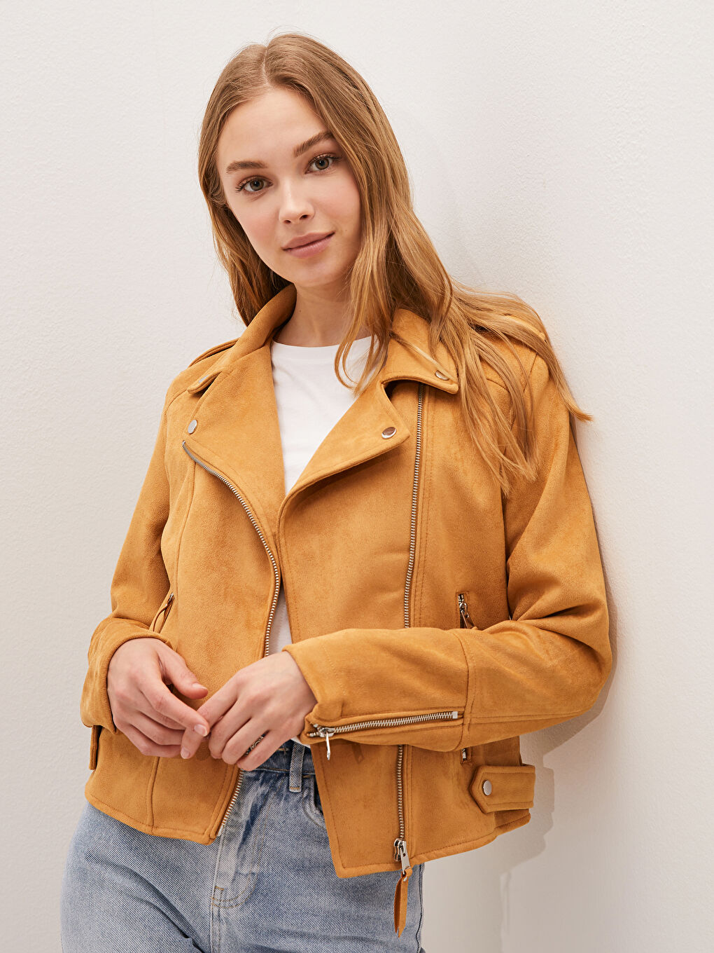 Biker Collar Plain Zipper Long Sleeve Suede Women's Coats