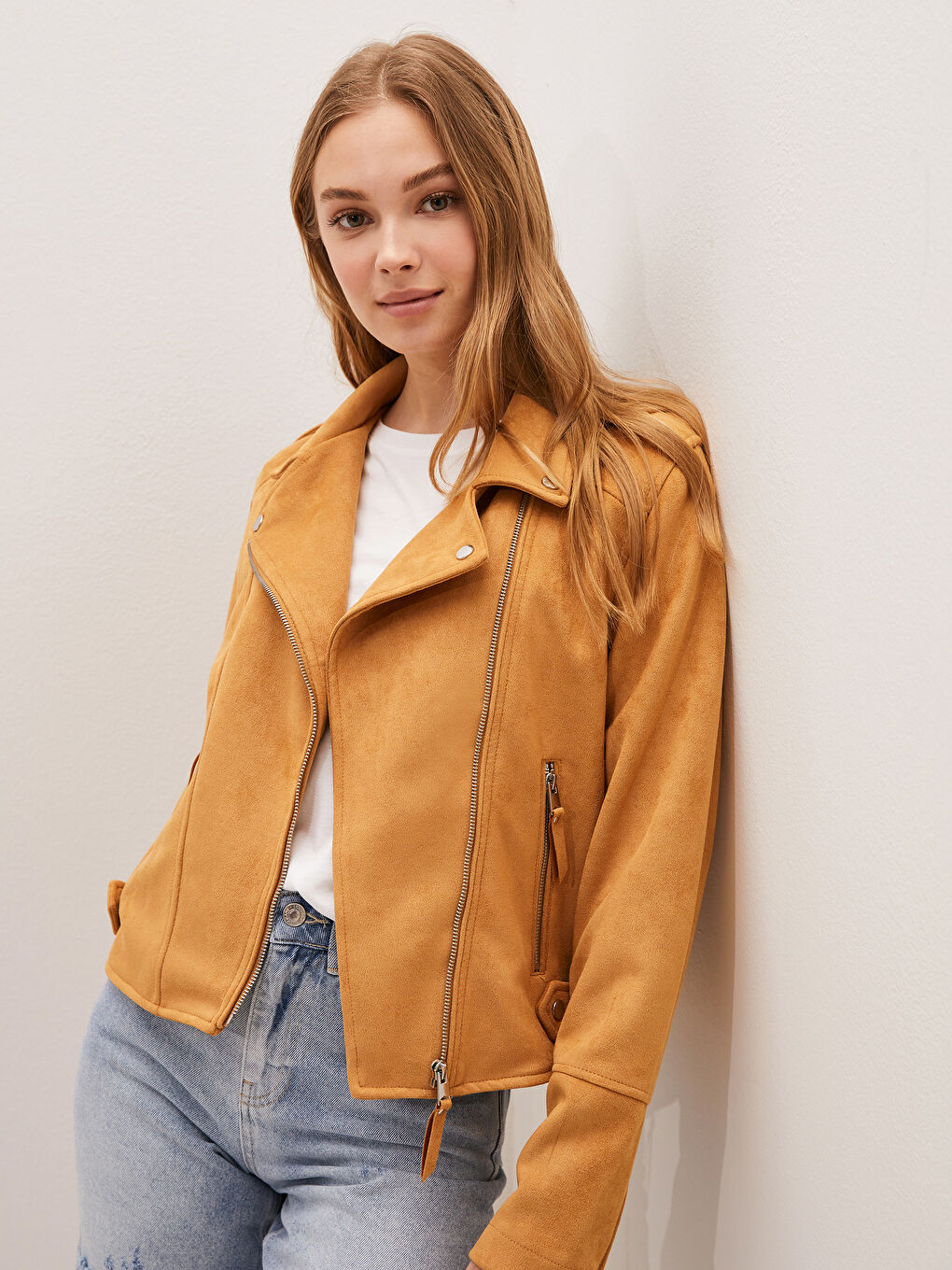 Biker Collar Plain Zipper Long Sleeve Suede Women's Coats-1