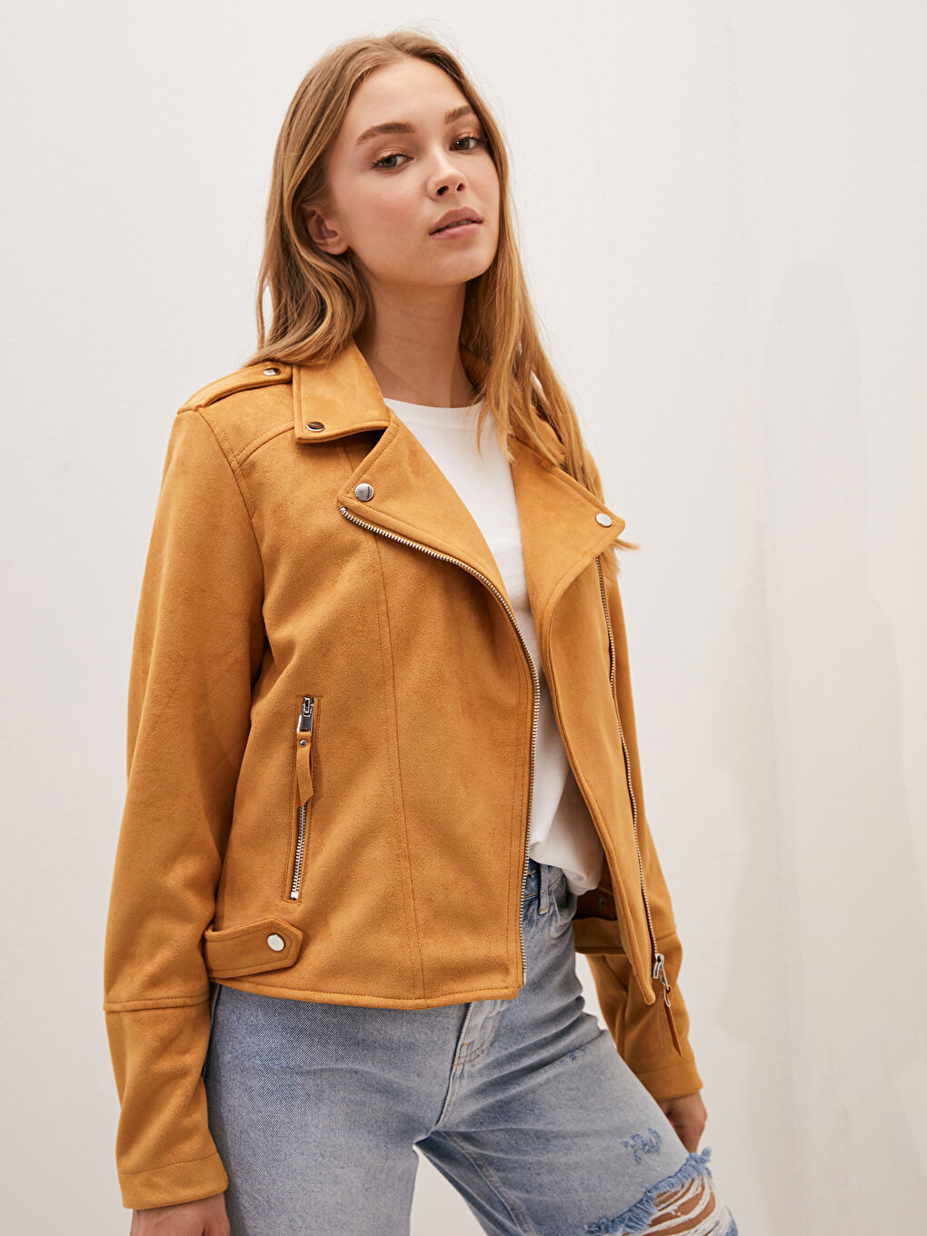 Biker Collar Plain Zipper Long Sleeve Suede Women's Coats-2