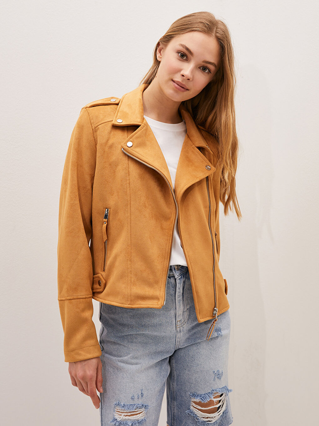 Biker Collar Plain Zipper Long Sleeve Suede Women's Coats-3