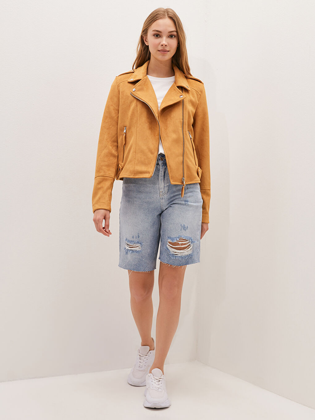 Biker Collar Plain Zipper Long Sleeve Suede Women's Coats-4