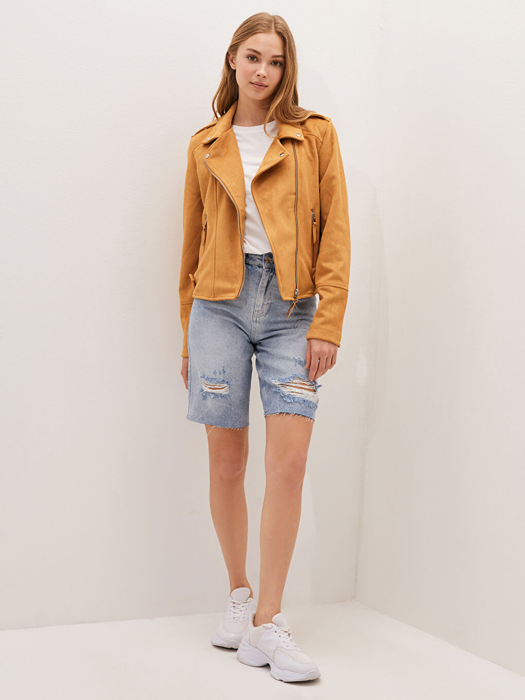 Biker Collar Plain Zipper Long Sleeve Suede Women's Coats-5