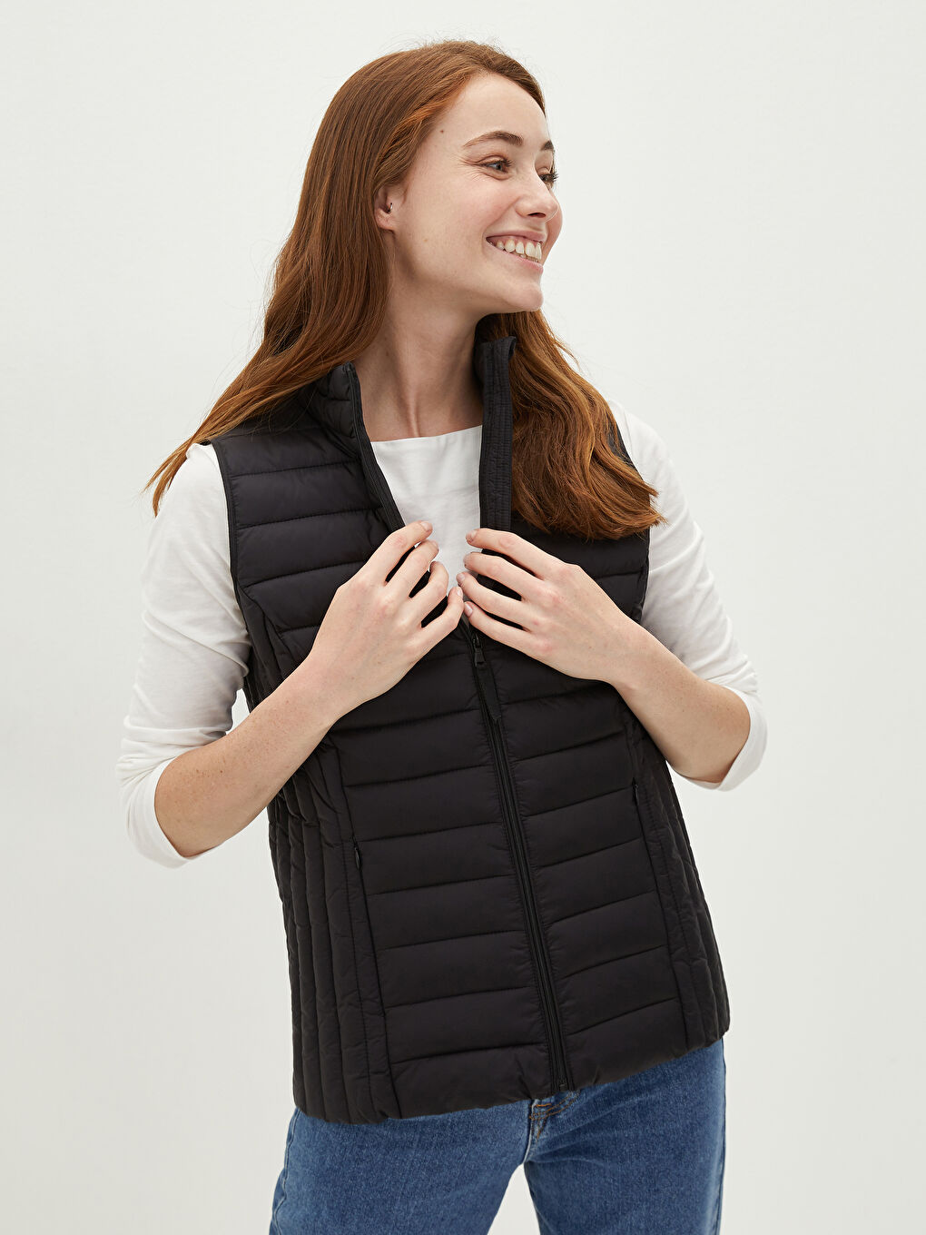 Women's Vest and Bag With Stand Collar Zipper Closure Sleeveless