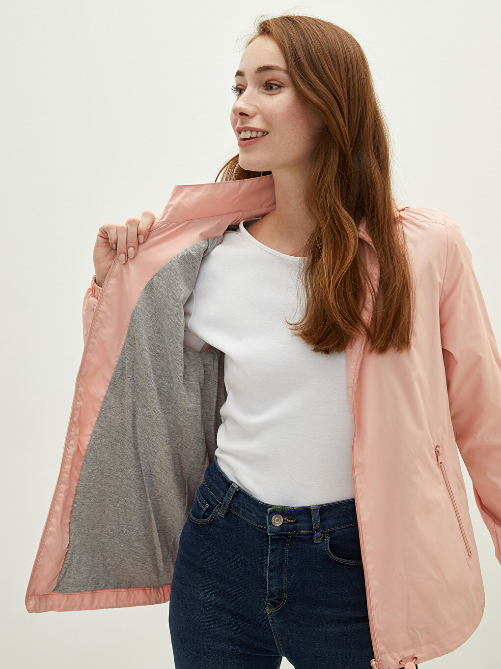 Әйелдерге арналған капюшонды жағалы стандартты пішім ұзын жеңді найзағайлы жаңбырға арналған күрте-2