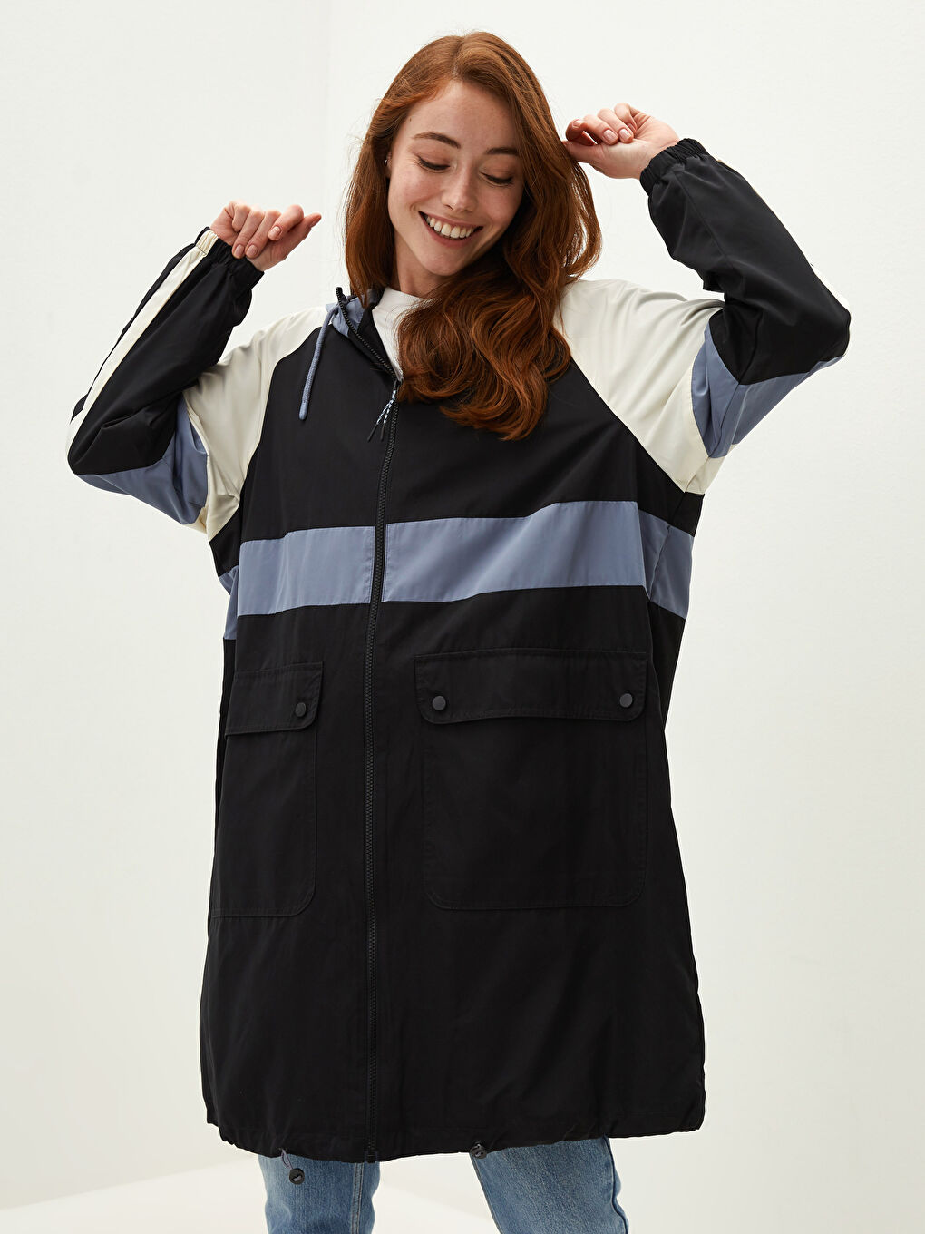 LCW Modest Hoodie Collar Color-Blocked Long Sleeve Women's Slim Coat -W10068Z8-CVL