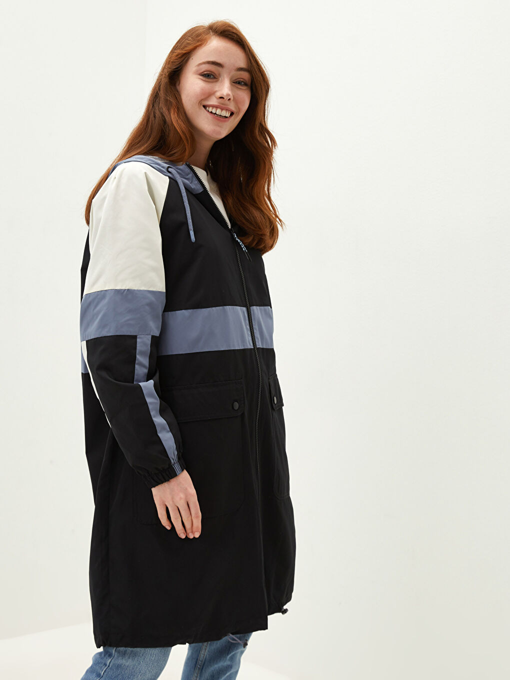 LCW Modest Hoodie Collar Color-Blocked Long Sleeve Women's Slim Coat -W10068Z8-CVL