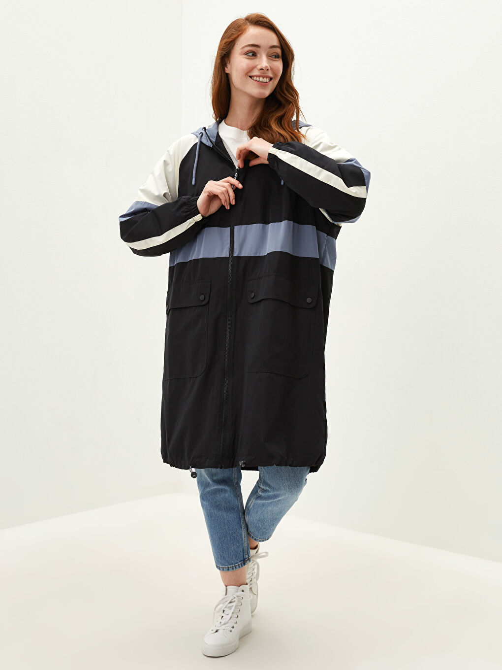 LCW Modest Hoodie Collar Color-Blocked Long Sleeve Women's Slim Coat -W10068Z8-CVL
