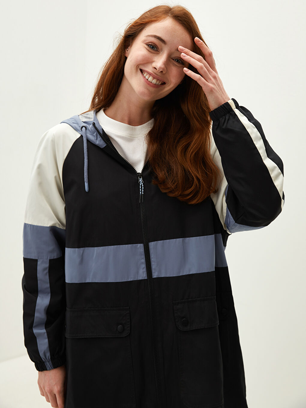 LCW Modest Hoodie Collar Color-Blocked Long Sleeve Women's Slim Coat -W10068Z8-CVL