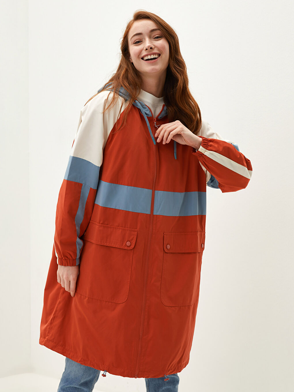 LCW Modest Hoodie Collar Color-Blocked Long Sleeve Women's Slim Coat -W10068Z8-J8A