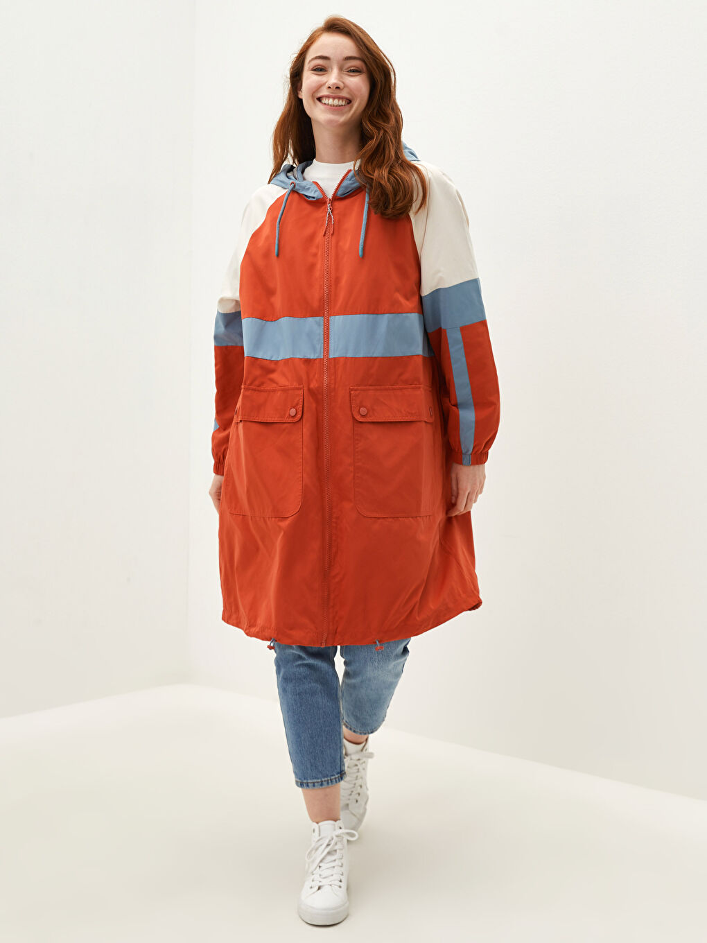 LCW Modest Hoodie Collar Color-Blocked Long Sleeve Women's Slim Coat -W10068Z8-J8A