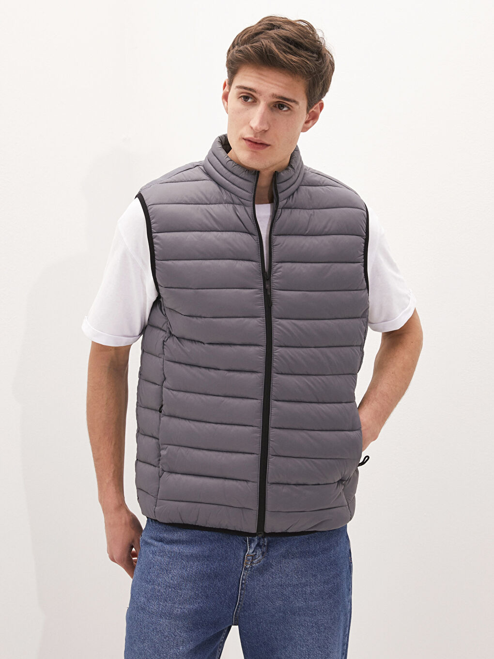 Gri Slim Fit Dik Yaka Erkek Şişme Yelek-1