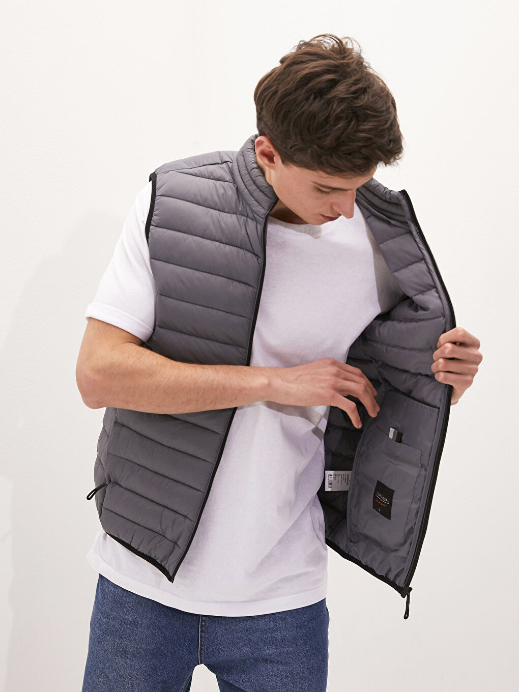 Gri Slim Fit Dik Yaka Erkek Şişme Yelek-2