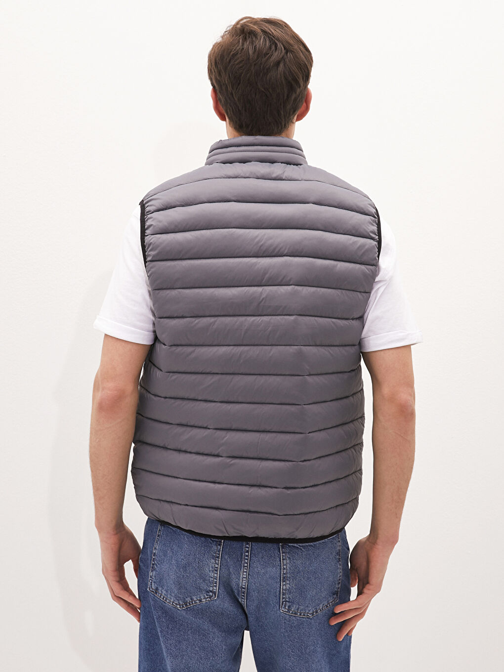 Gri Slim Fit Dik Yaka Erkek Şişme Yelek-5