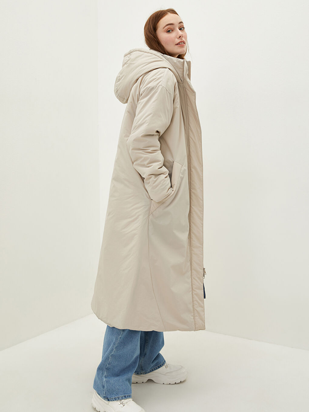 Пуховик с капюшоном, прямой, с длинным рукавом, с карманами, для женщин-1