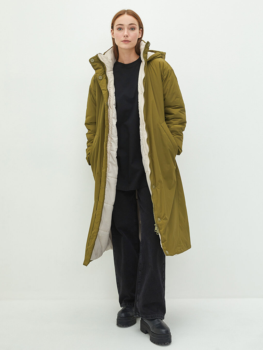 Hooded Collar Straight Long Sleeve Pocket Detailed Women's Down Coat-2