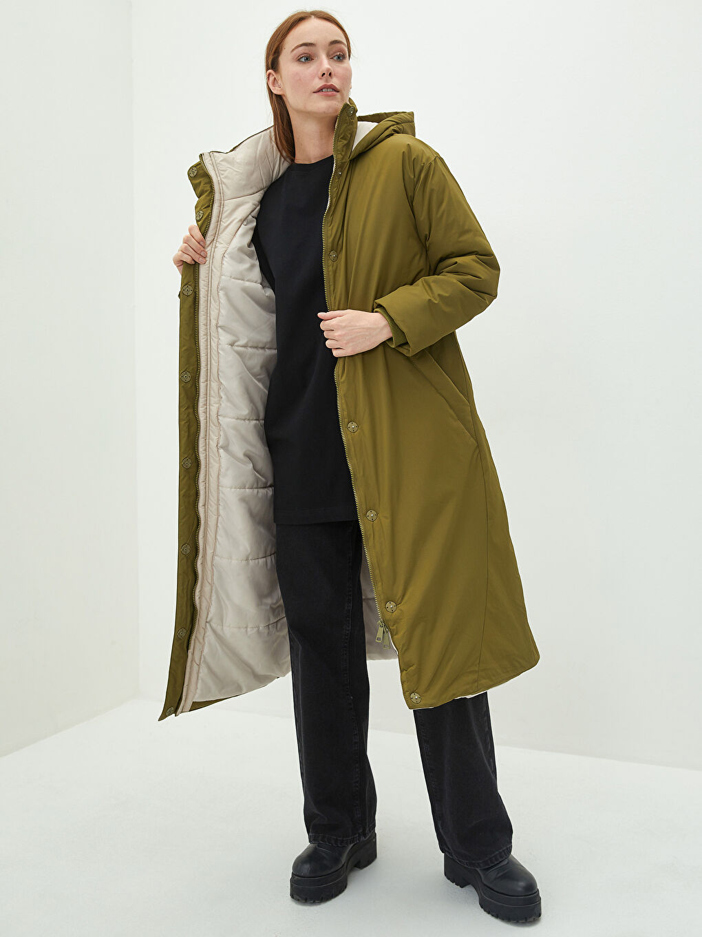 Hooded Collar Straight Long Sleeve Pocket Detailed Women's Down Coat-3