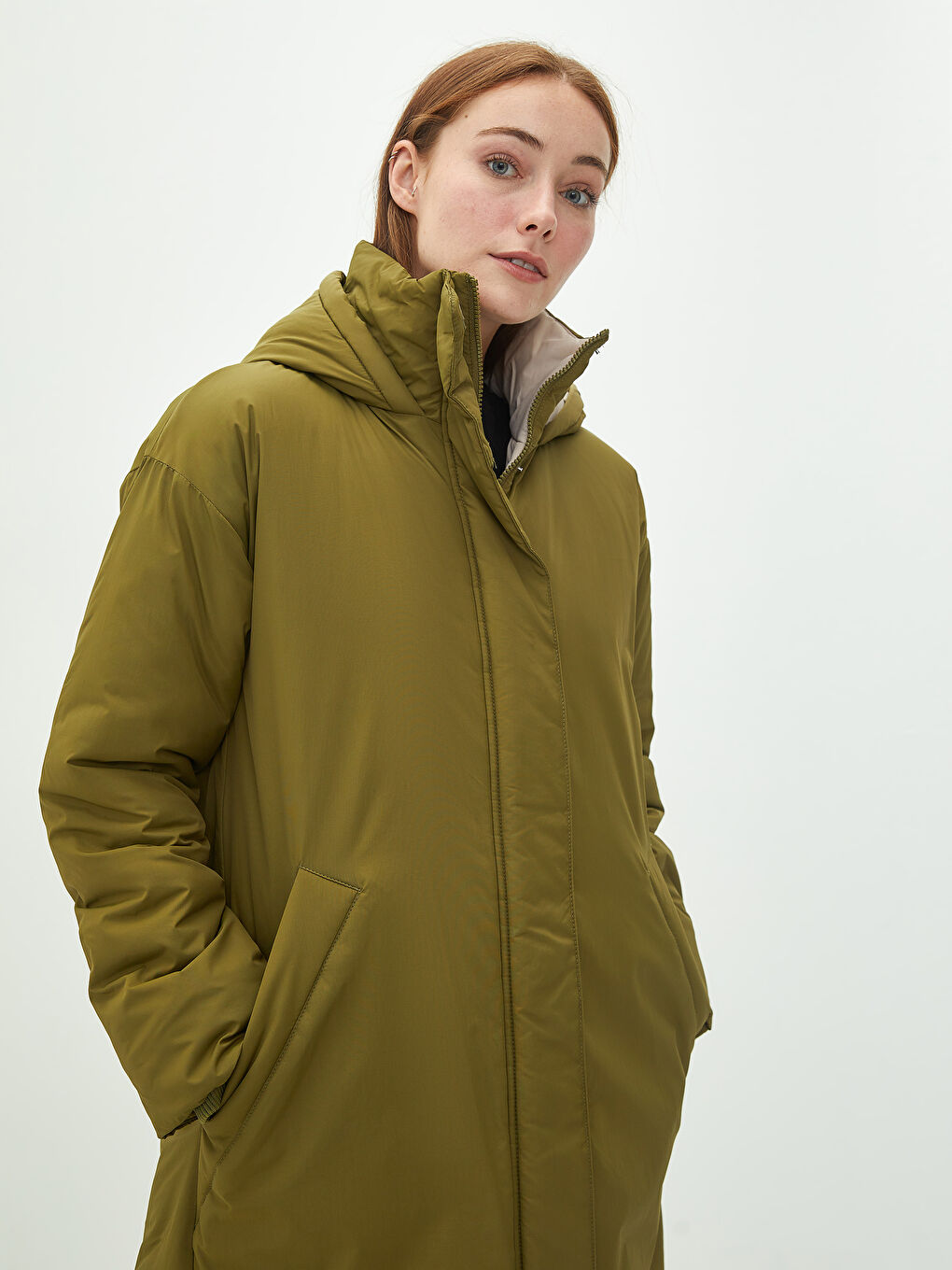 Hooded Collar Straight Long Sleeve Pocket Detailed Women's Down Coat-4