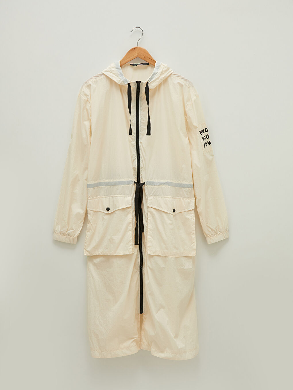 معطف طويل نساء بقبّ مطبوع كم طويل بسحاب-5