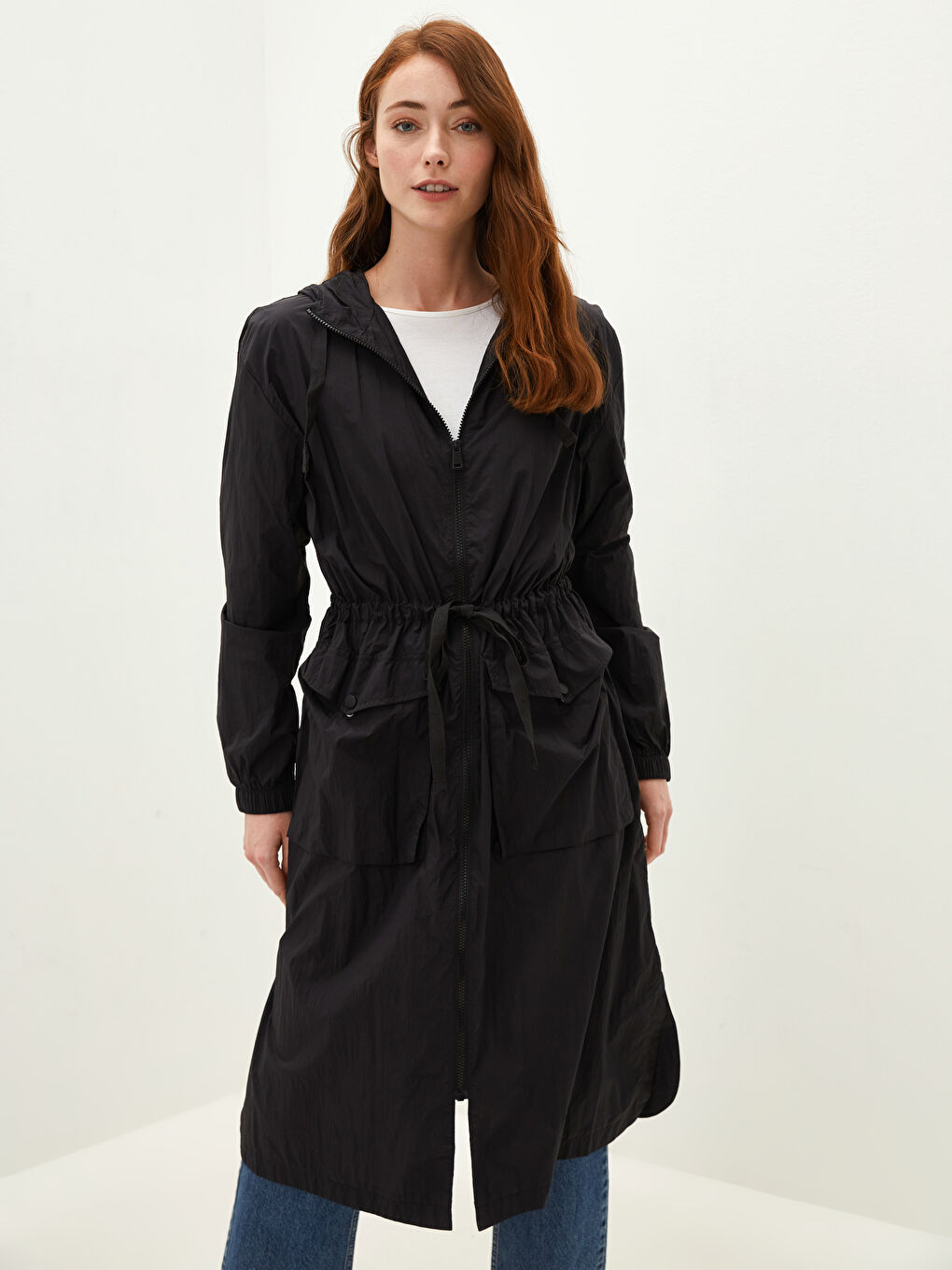 LCW Modest Hooded Collar Printed Long Sleeve Zippered