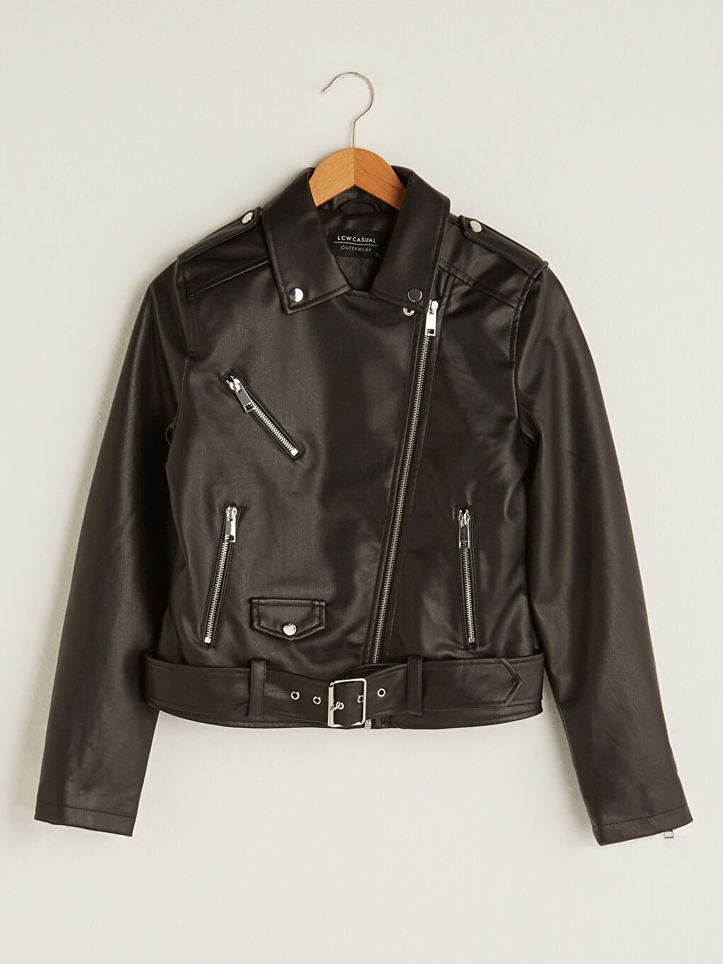 Biker Collar Straight Long Sleeve Slim Women's Leather Look Coat-6