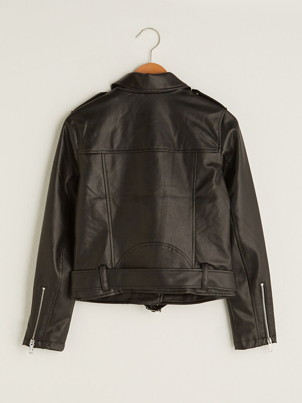 Biker Collar Straight Long Sleeve Slim Women's Leather Look Coat-8