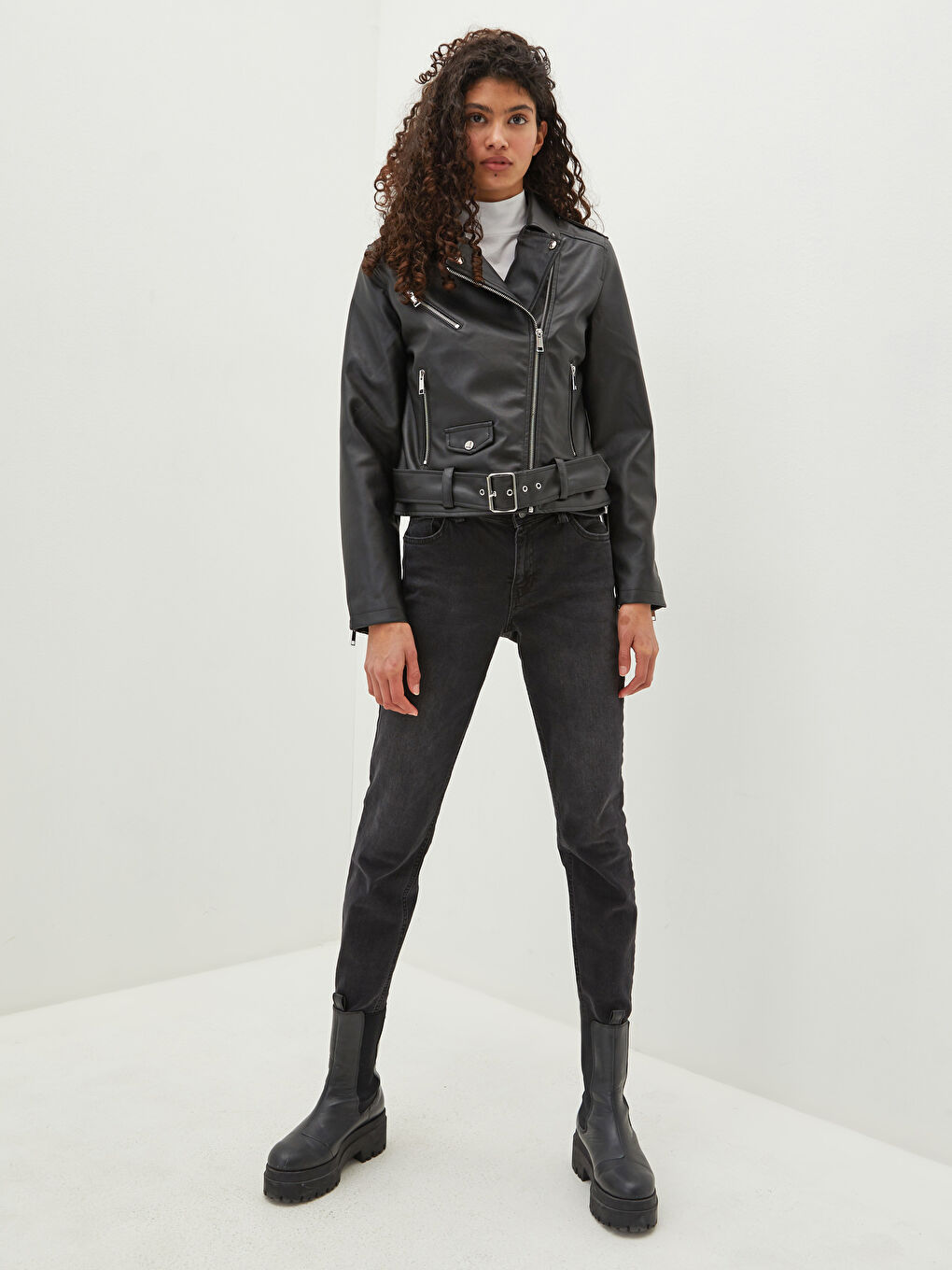 Biker Collar Straight Long Sleeve Slim Women's Leather Look Coat-2