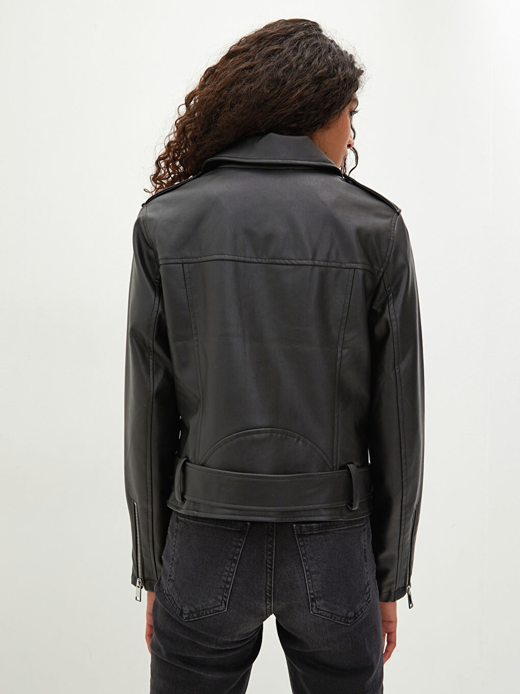 Biker Collar Straight Long Sleeve Slim Women's Leather Look Coat-4