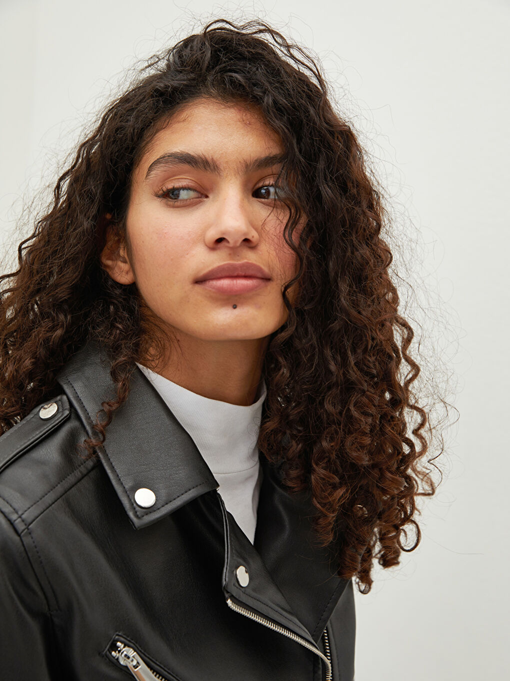 Biker Collar Straight Long Sleeve Slim Women's Leather Look Coat-5