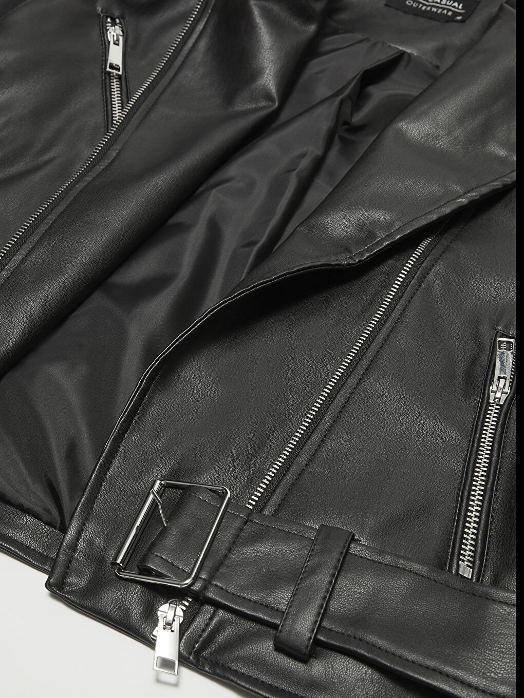 Biker Collar Straight Long Sleeve Slim Women's Leather Look Coat-7