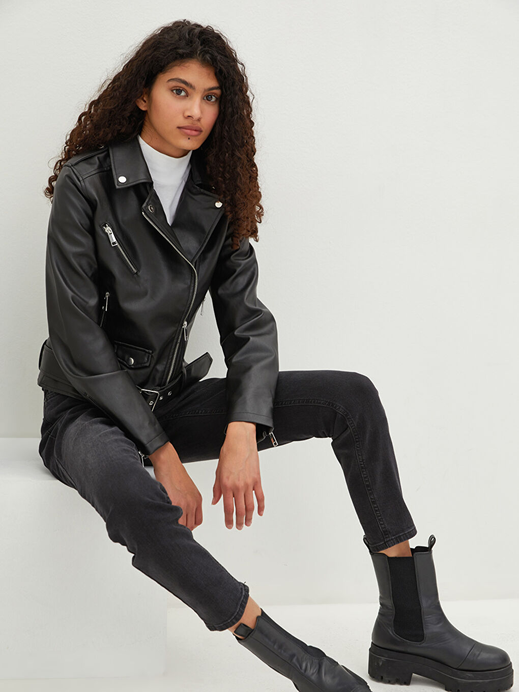 Biker Collar Straight Long Sleeve Slim Women's Leather Look Coat