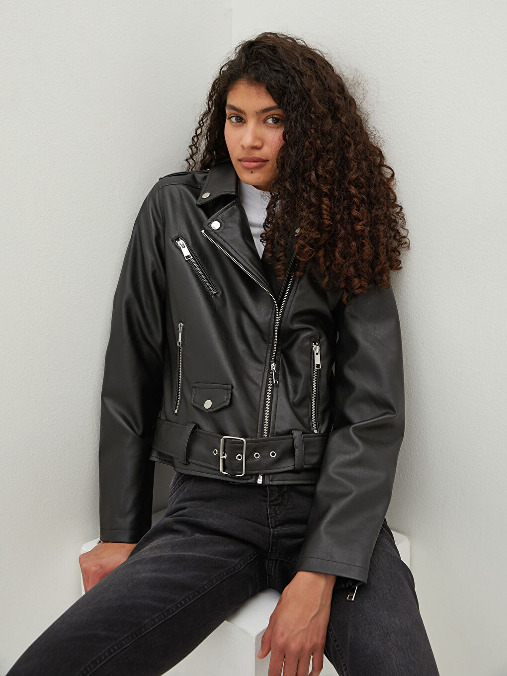 Biker Collar Straight Long Sleeve Slim Women's Leather Look Coat-1