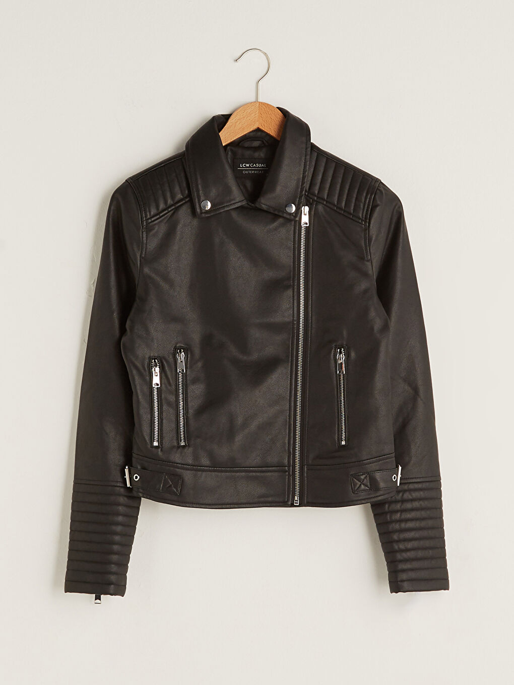 Geacă din piele ecologică cu guler biker, fermoar drept, mânecă lungă, slim pentru femei-5