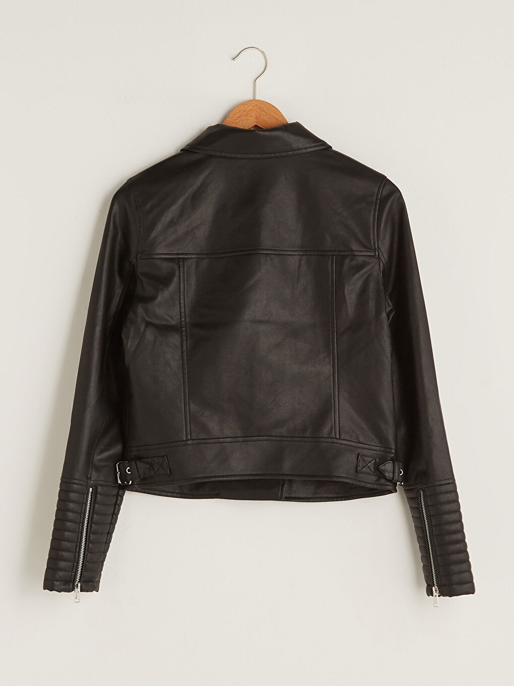 Geacă din piele ecologică cu guler biker, fermoar drept, mânecă lungă, slim pentru femei-7
